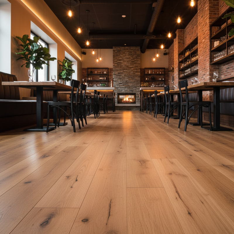 Cozy industrial style restaurant with hardwood flooring
